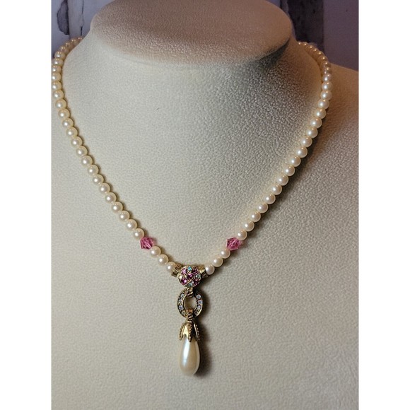 Vintage Victorian Art Nouveau Signed 1928 Yellow Gold Faux Pearl & Crystals - Picture 2 of 10